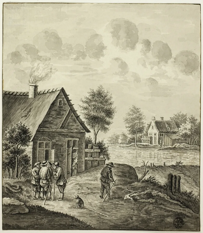 Men Conversing Outside House Beside Canal by Isaac van Ketweg, after 1758