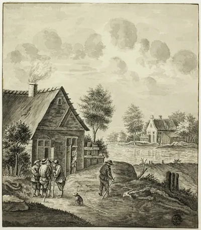 Men Conversing Outside House Beside Canal by Isaac van Ketweg, after 1758