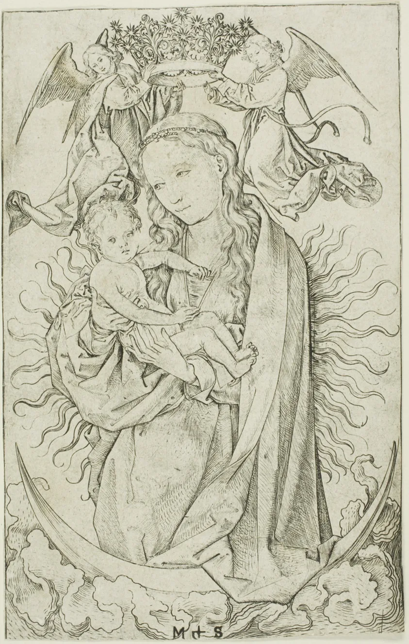 The Madonna on the Crescent Crowned by Two Angels by Martin Schongauer, 1470–75