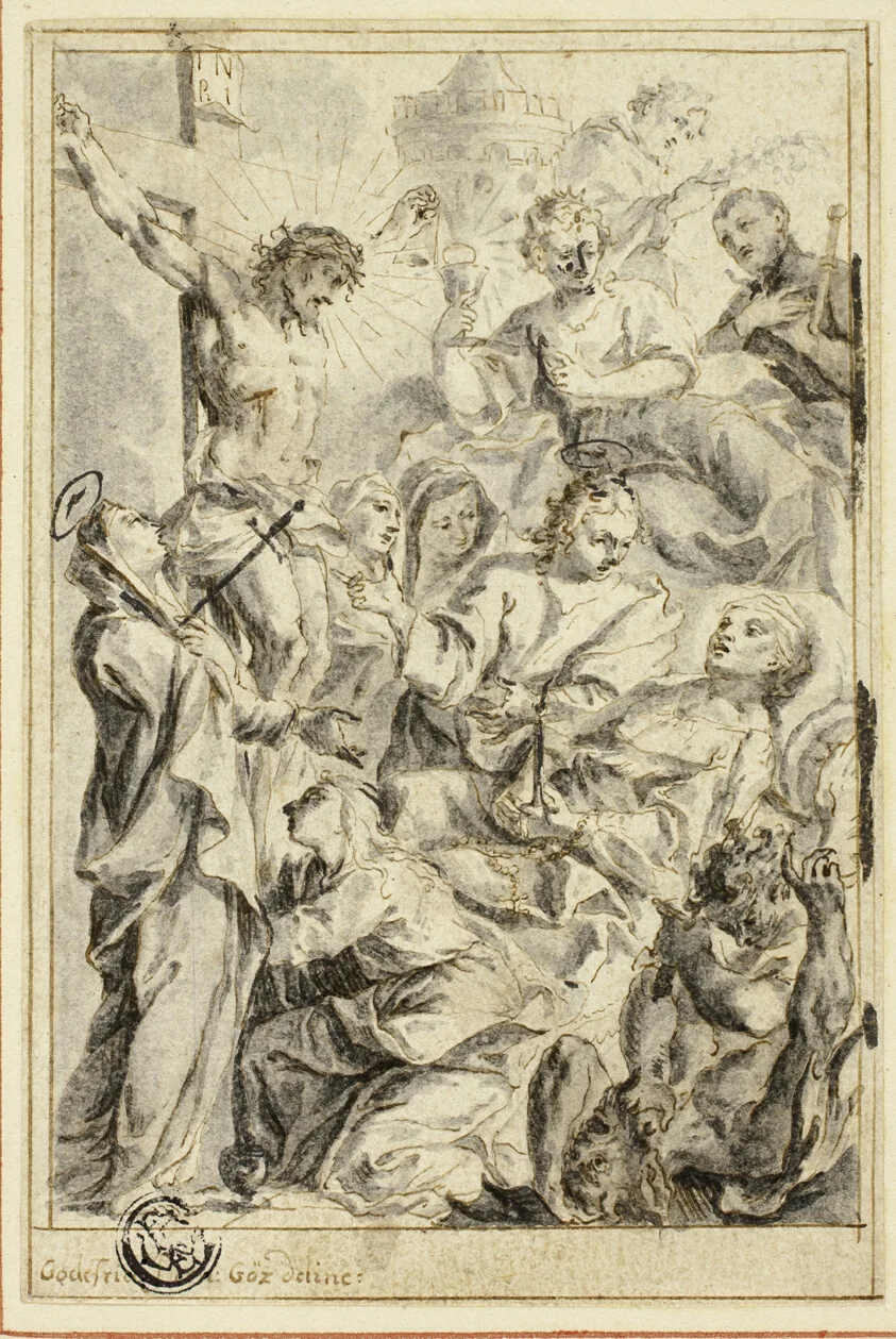 Dying Man Being Consoled by Christ on the Cross, Virgin and Saints by Gottfried Bernhard Goetz, n.d.