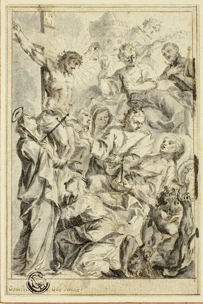 Dying Man Being Consoled by Christ on the Cross, Virgin and Saints by Gottfried Bernhard Goetz, n.d.