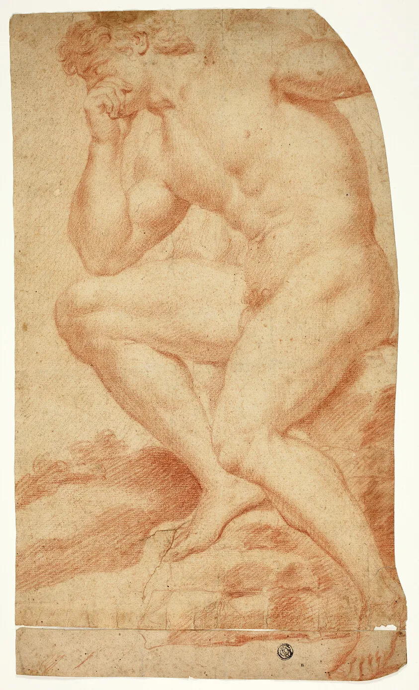Seated Academic Male Nude in Profile to Left by Andrea Camassei, 17th century