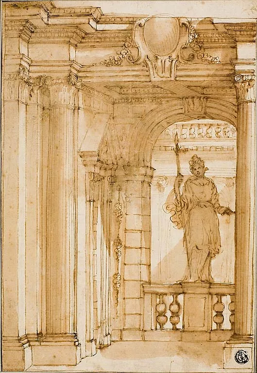 Corner of a Loggia with Female Statue by Pietro Righini, n.d.