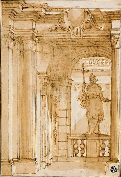 Corner of a Loggia with Female Statue by Pietro Righini, n.d.