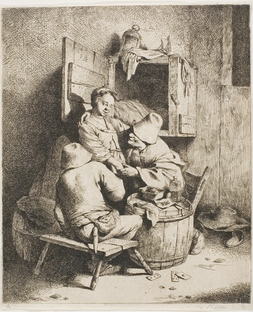 A Young Man Caressing the Young Hostess by Cornelis Pietersz. Bega, c. 1650