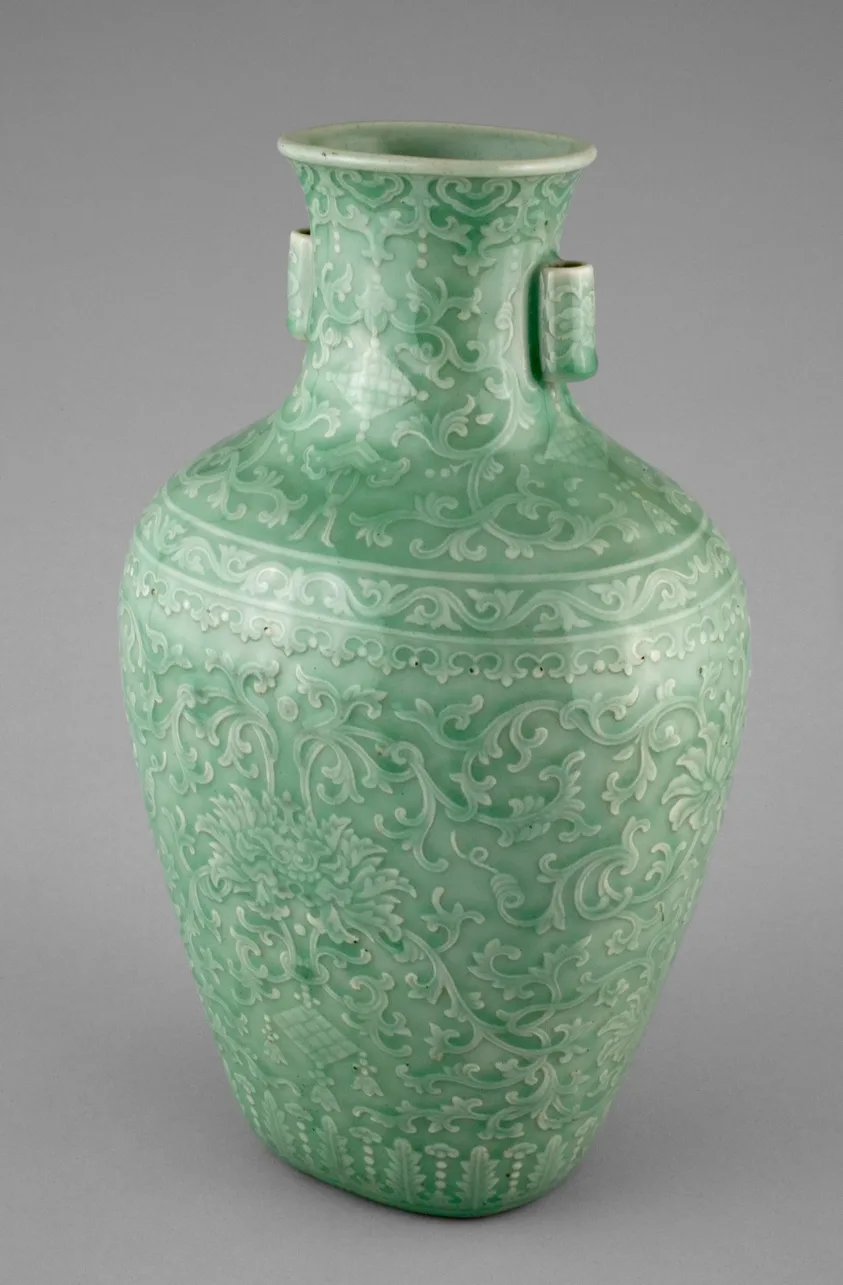 Jar with Tubular Handles, Peonies, “Endless Knot,” Pendant Balls, and Pendant Lozenges by China, Qing dynasty (1644–1911), Qianlong reign mark and period (1736–1795)