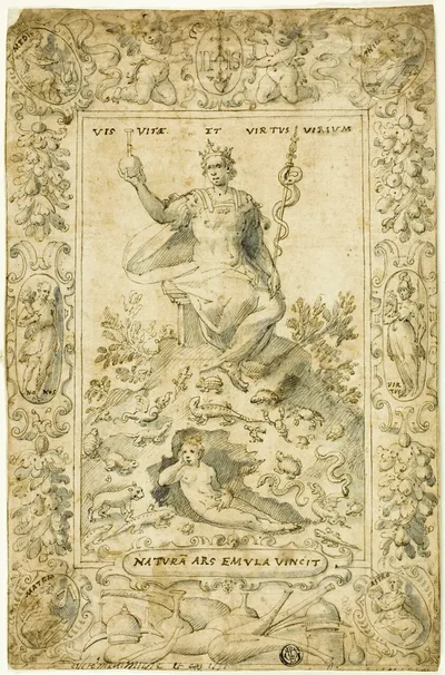 Design for Emblematic Frontispiece: "Natura Ars Emula Vincit" by Circle of Giovanni Guerra, n.d.