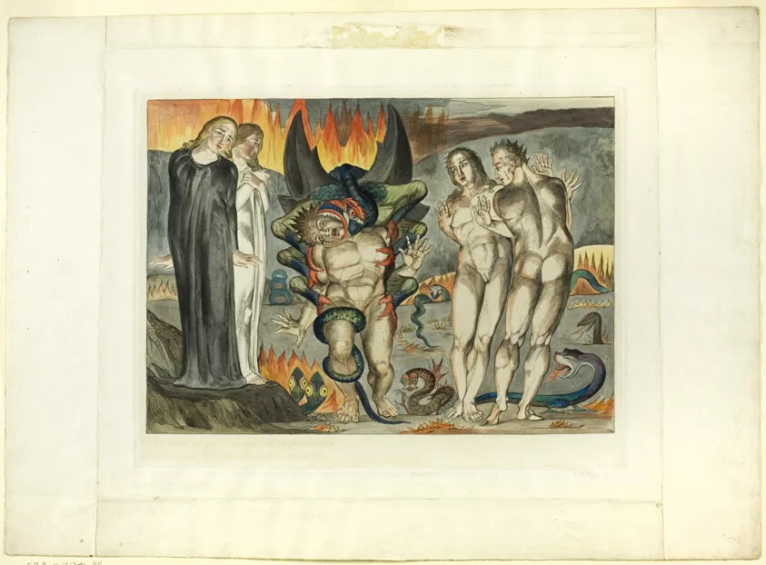 The Circle of the Thieves; Agnolo Brunelleschi Attacked by a Six-Footed Serpent. Inferno, canto XXV by William Blake, 1827, printed c. 1892