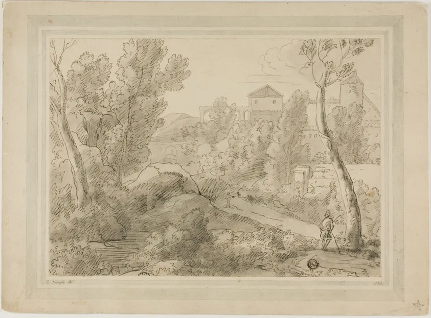 Italianate Landscape with Buildings, Aqueduct by C. Nangle, c. 1774