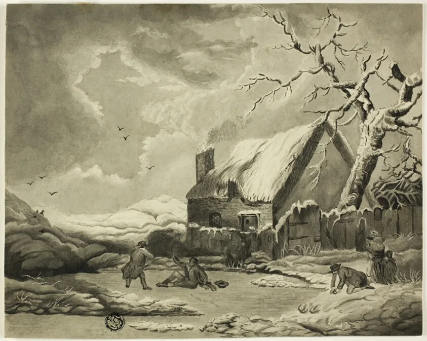 Winter Scene with People Outside a Cottage Near a Pond by Unknown artist, n.d.