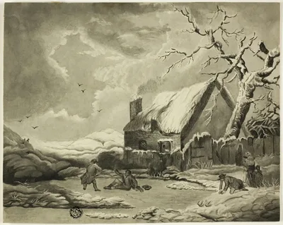 Winter Scene with People Outside a Cottage Near a Pond by Unknown artist, n.d.