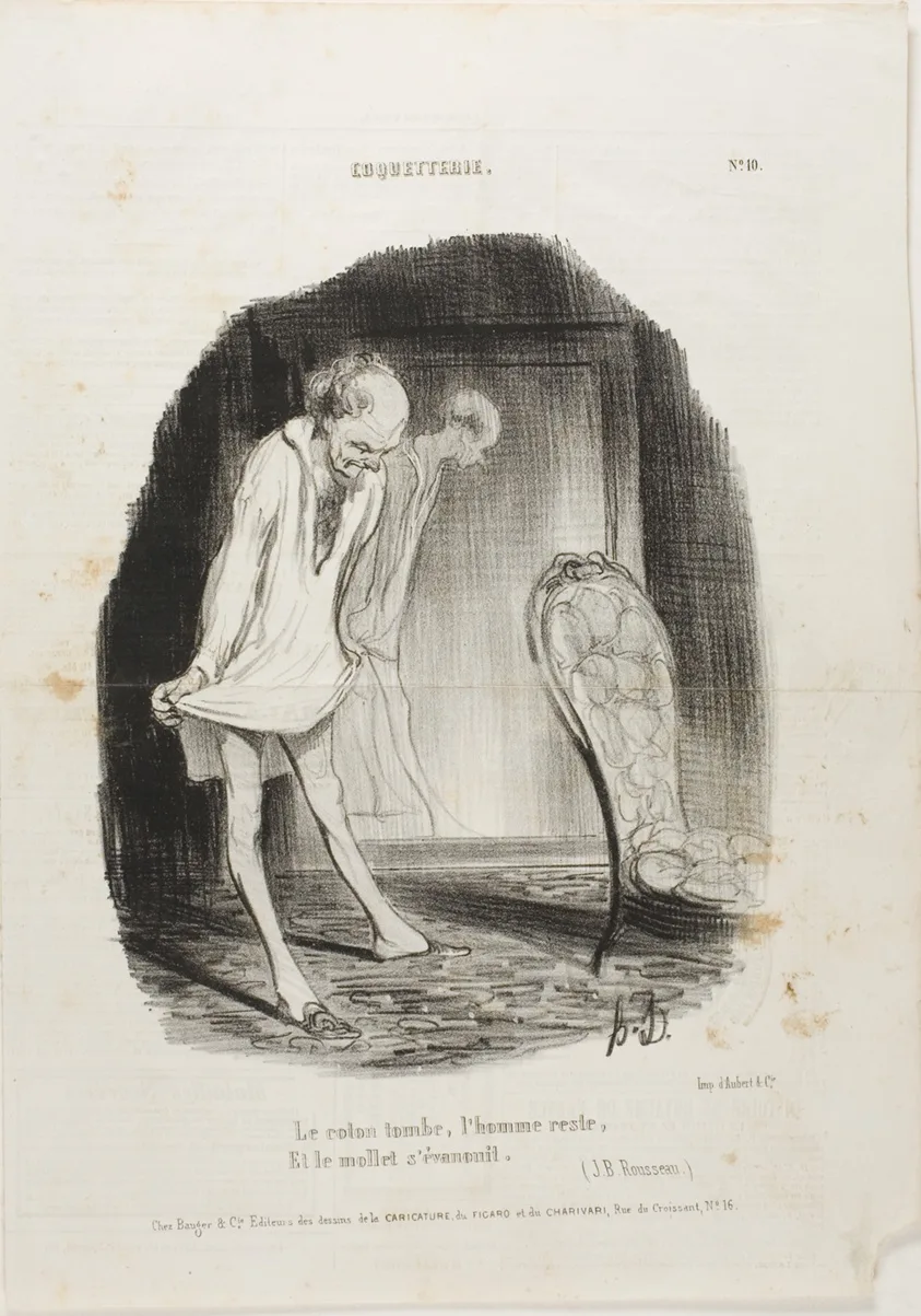 The Gown Falls, Man Remains, and the Legs are Shaking. (J.B. Rousseau), plate 10 from Coquetterie by Honoré-Victorin Daumier, published October 18, 1840