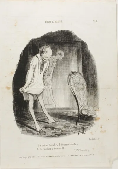 The Gown Falls, Man Remains, and the Legs are Shaking. (J.B. Rousseau), plate 10 from Coquetterie by Honoré-Victorin Daumier, published October 18, 1840