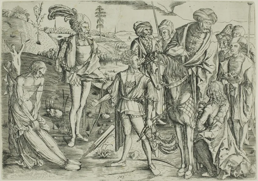 The King's Sons Shooting Their Father's Corpse by Master MZ, c. 1500, printed