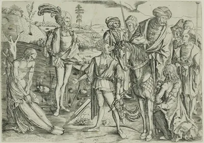 The King's Sons Shooting Their Father's Corpse by Master MZ, c. 1500, printed