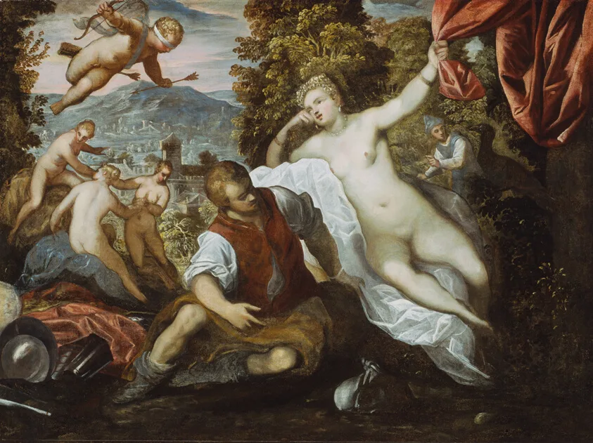 Venus and Mars with Cupid and the Three Graces in a Landscape by Domenico Tintoretto, 1585–95
