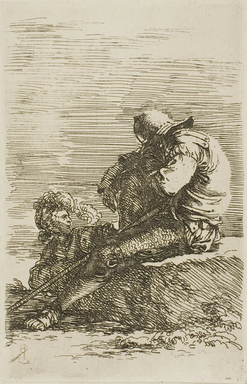 Two warriors, one seated asleep on a foreground rock, from Figurine series by Salvator Rosa, n.d.