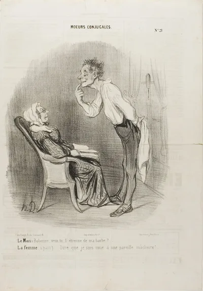 Husband: “My dear, how about a first kiss on my chin?” The wife (aside): “To think that I am married to this face!,” plate 21 from Moeurs Conjugalesa by Honoré-Victorin Daumier, published March 29, 1840
