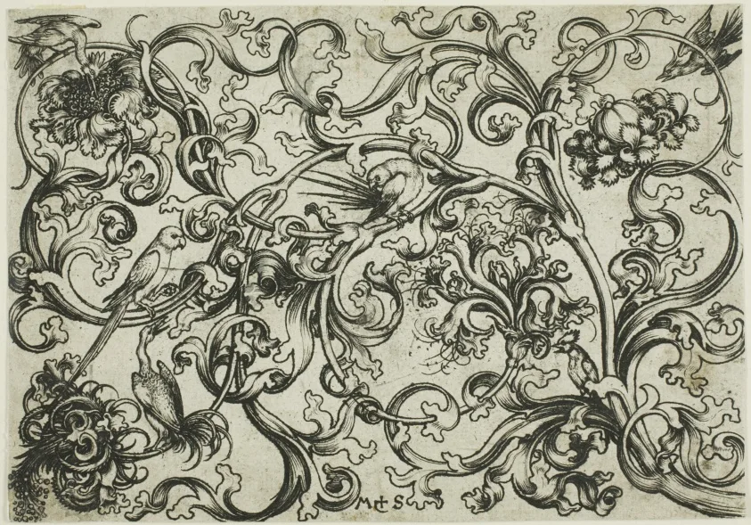 Vine Ornament with Parrots and Birds by Martin Schongauer, before 1474