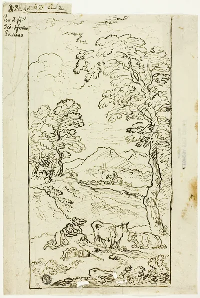 Hilly Landscape with Cows and Shepherds in Foreground by Carlo Antonio Tavella, n.d.