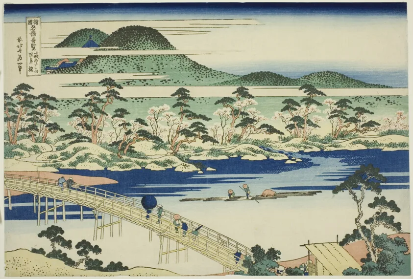 Togetsu Bridge at Arashiyama in Yamashiro Province (Yamashiro Arashiyama no Togetsukyo), from the series "Unusual Views of Famous Bridges in Various Provinces (Shokoku meikyo kiran)" by Katsushika Hokusai, c. 1833/34