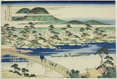 Togetsu Bridge at Arashiyama in Yamashiro Province (Yamashiro Arashiyama no Togetsukyo), from the series "Unusual Views of Famous Bridges in Various Provinces (Shokoku meikyo kiran)" by Katsushika Hokusai, c. 1833/34