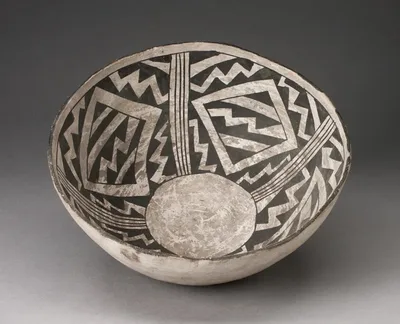 Bowl with Bold Black-on-White Diamond and Zizgag Motifs by Ancestral Pueblo, 950–1400