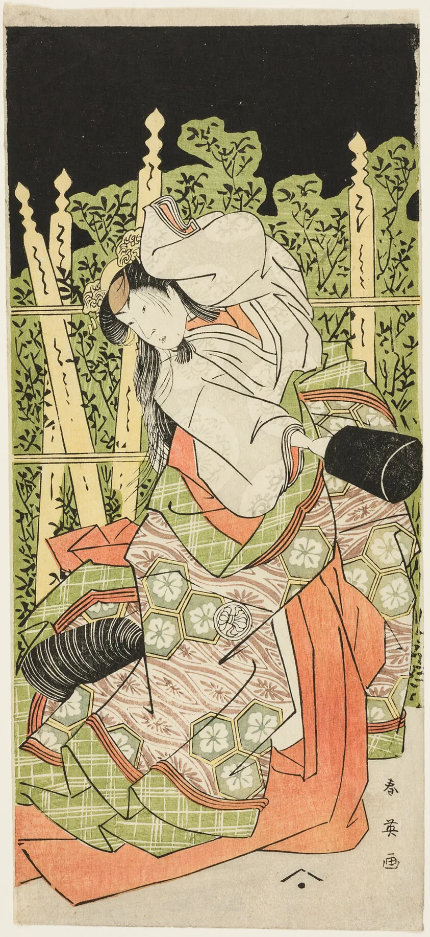 Actor Segawa Kikunojô III Possibly as Ono no Komachi in “Komachi Village: New Year at the Theater” (“Komachimura shibai no shôgatsu”) by Katsukawa Shun'ei, About 1789