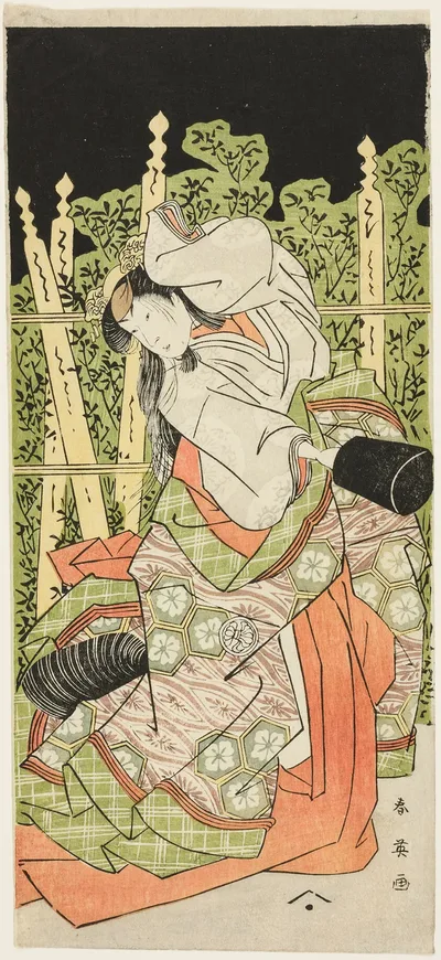 Actor Segawa Kikunojô III Possibly as Ono no Komachi in “Komachi Village: New Year at the Theater” (“Komachimura shibai no shôgatsu”) by Katsukawa Shun'ei, About 1789