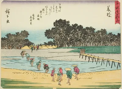 Fujieda, from the series "Fifty-three Stations of the Tokaido (Tokaido gojusan tsugi)," also known as the Tokaido with Poem (Kyoka iri Tokaido) by Utagawa Hiroshige, c. 1837/42