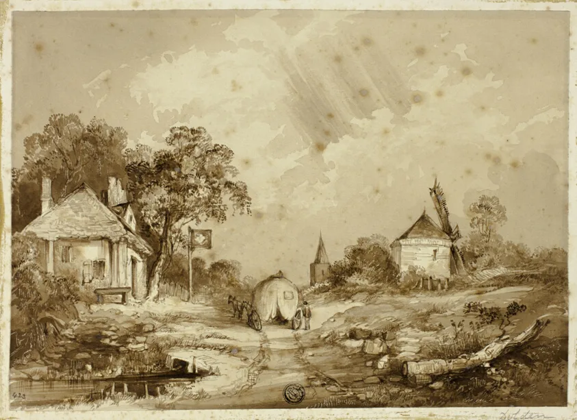 Cart on Road Flanked by Inn and Windmill by Thomas Richard Colman Dibdin, n.d.