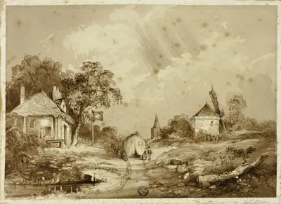 Cart on Road Flanked by Inn and Windmill by Thomas Richard Colman Dibdin, n.d.