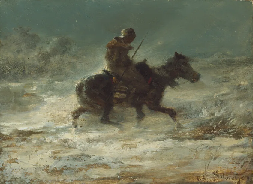 Man with Lance Riding through the Snow by Adolphe Schreyer, c. 1880